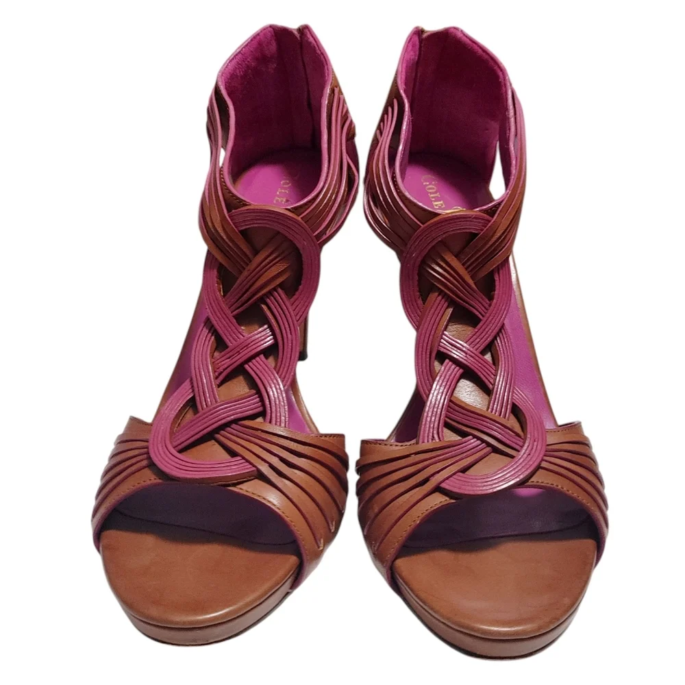 Cole Haan Brown Purple Braided Leather Open Toe Stilleto Heels Women's Size 9